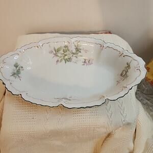 Antique MZ Austria 9 Inch Oblong Serving Bowl Purple Flowers Green Edge Gilding